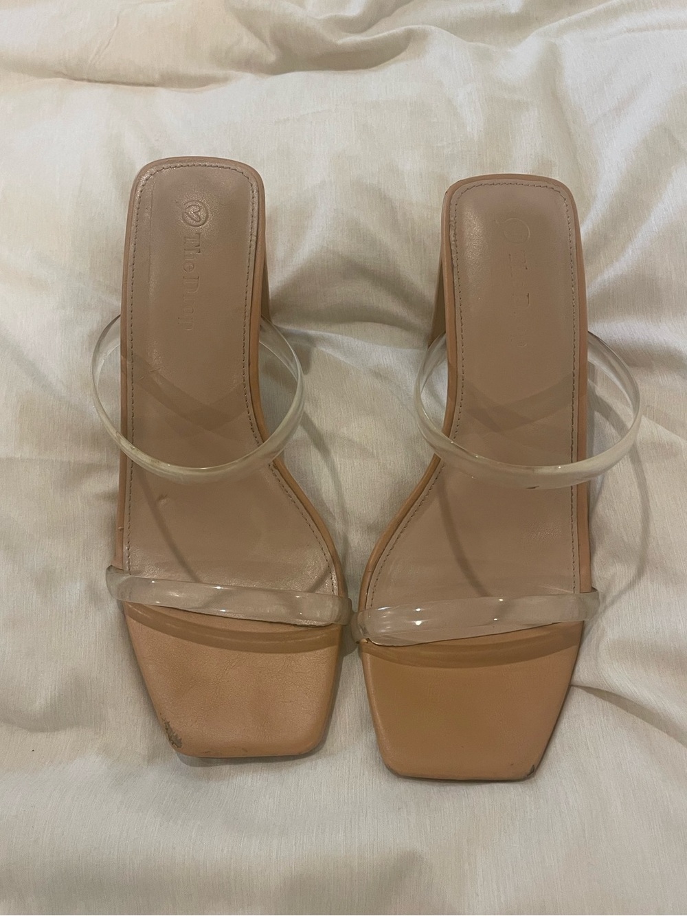 The Drop Clear Strap Nude Block Heel Sandals